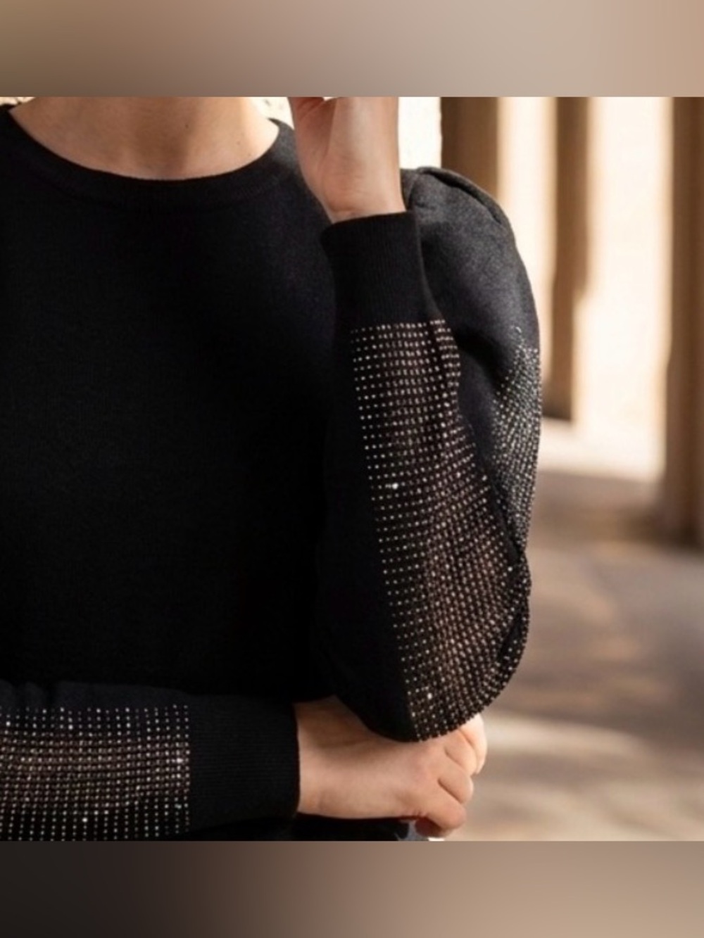 Luxury Women’s black Pullover Sweater, crystal Sleeves. On Twelfth. S-M, 💯 Glam - Picture 3 of 4